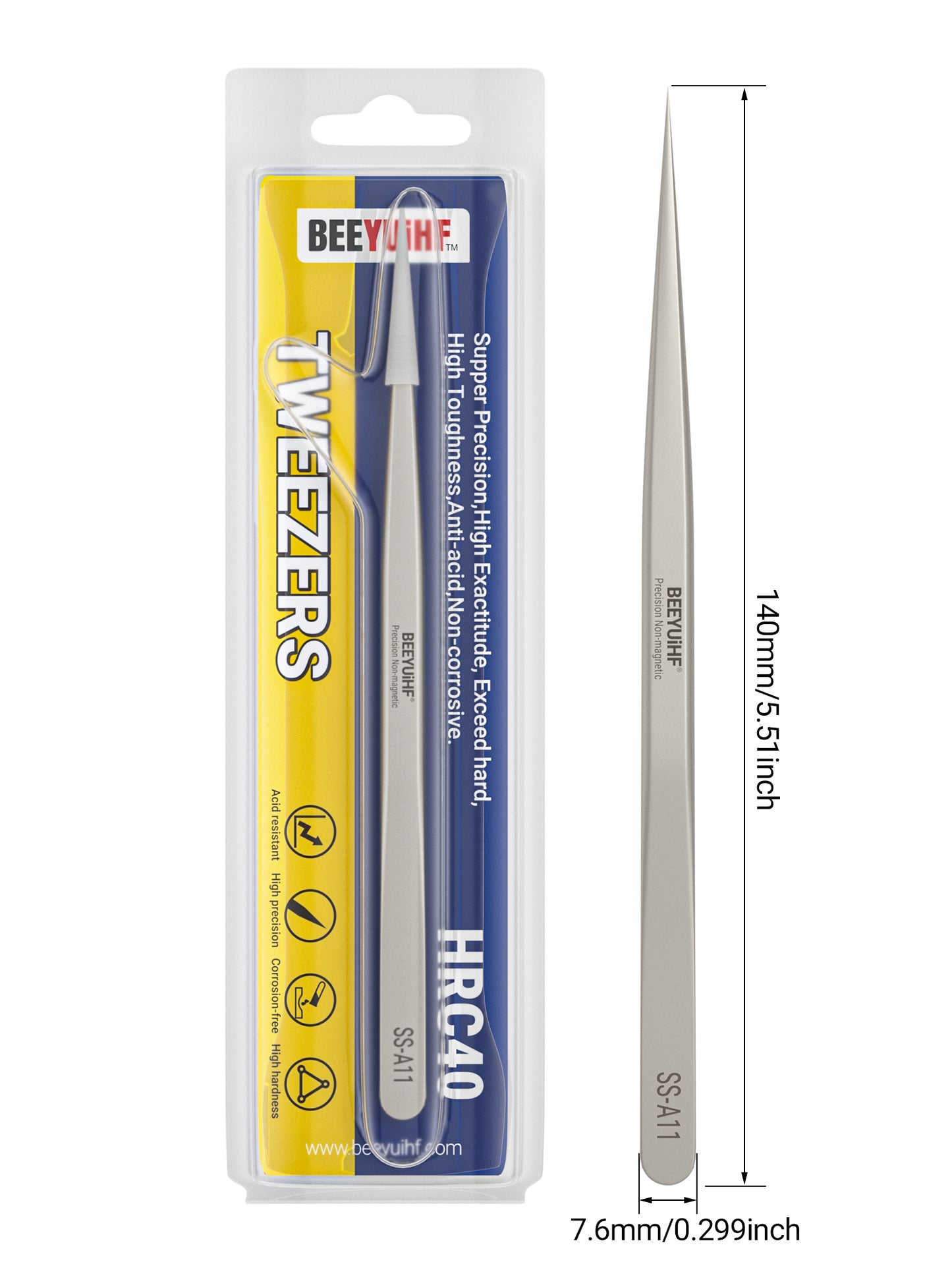 BEEYUIHF Precision Tweezers, Non-Magnetic Tweezers, 302 Stainless Steel Fine Tip Straight Long Tweezers for Gundam, Craft, Electronics, Jewelry-Making, 3D Resin Parts, Industrial Tweezers, Hardness HRC 40~45°