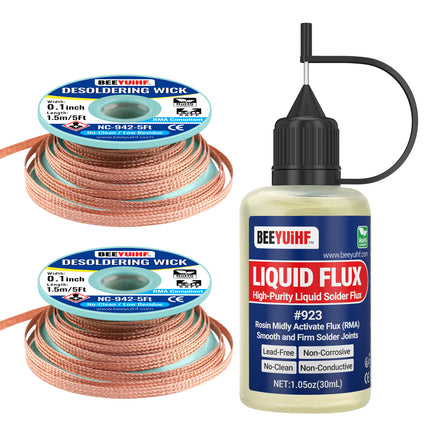 30ml1oz BEEYUIHF 923 Rosin No Clean Liquid Solder Flux, 2PCS Solder Wick Braid