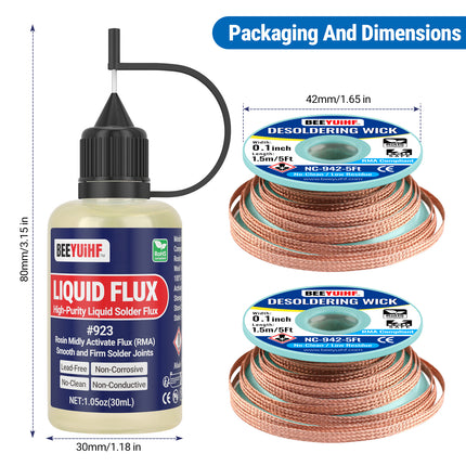 30ml1oz BEEYUIHF 923 Rosin No Clean Liquid Solder Flux, 2PCS Solder Wick Braid