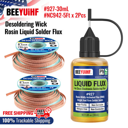 30ml/1oz BEEYUIHF 927 Rosin No Clean Liquid Solder Flux, 2PCS Solder Wick Braid