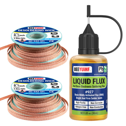 30ml/1oz BEEYUIHF 927 Rosin No Clean Liquid Solder Flux, 2PCS Solder Wick Braid