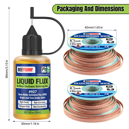 30ml/1oz BEEYUIHF 927 Rosin No Clean Liquid Solder Flux, 2PCS Solder Wick Braid