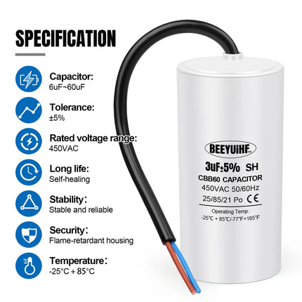 BEEYUIHF CBB60 Condensateur de Démarrage Condensateur de Démarrage de Moteur 50/60Hz 450VAC Condensateur de Moteur