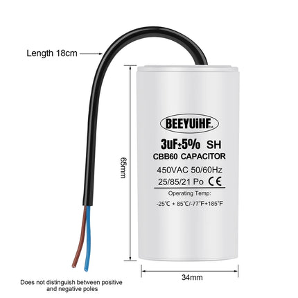 BEEYUIHF CBB60 Condensateur de Démarrage Condensateur de Démarrage de Moteur 50/60Hz 450VAC Condensateur de Moteur