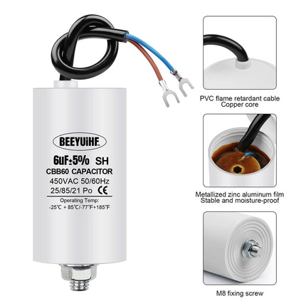 BEEYUIHF CBB60 Condensateur de Démarrage Moteur condensateur 50 / 60Hz 450VAC avec fil Câble vis M8