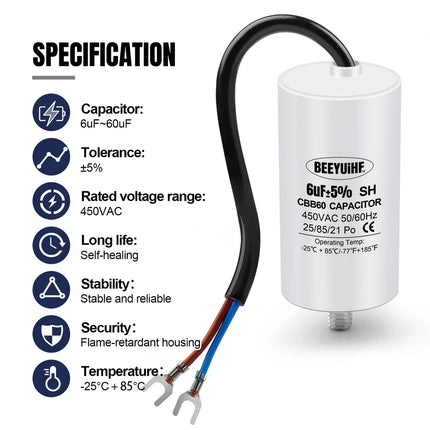 BEEYUIHF CBB60 Condensateur de Démarrage Moteur condensateur 50 / 60Hz 450VAC avec fil Câble vis M8