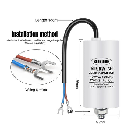 BEEYUIHF CBB60 Condensateur de Démarrage Moteur condensateur 50 / 60Hz 450VAC avec fil Câble vis M8