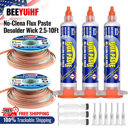 BEEYUIHF 30mL No Clean Soldering Flux Paste with 10ft Desoldering Wick Braid