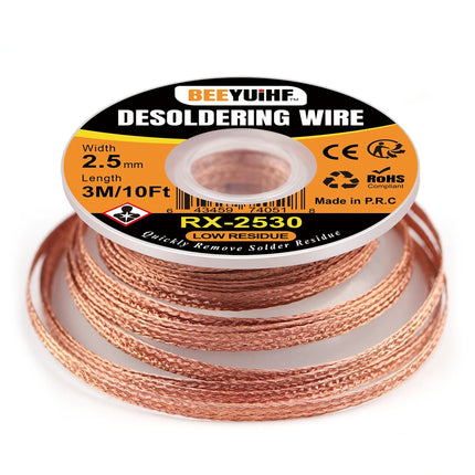 BEEYUIHF 3M/10ft 2.5mm Desoldering wick Braid, Solder wick Braid with Flux, No-clean Solder Remover wire Kit,Cable Remover Tool Solder Sucker,w 0.10'' L 9.8' (Pack of 1Pcs)