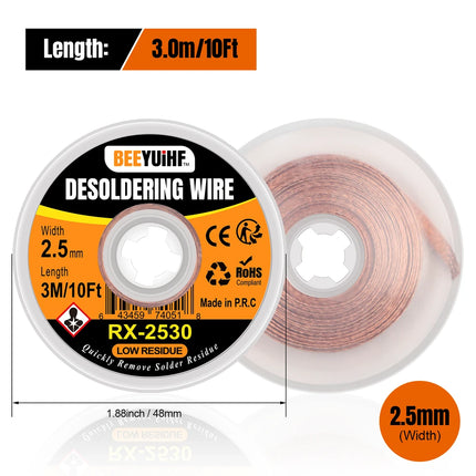 BEEYUIHF 3M/10ft 2.5mm Desoldering wick Braid, Solder wick Braid with Flux, No-clean Solder Remover wire Kit,Cable Remover Tool Solder Sucker,w 0.10'' L 9.8' (Pack of 1Pcs)