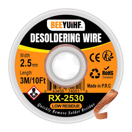BEEYUIHF 3M/10ft 2.5mm Desoldering wick Braid, Solder wick Braid with Flux, No-clean Solder Remover wire Kit,Cable Remover Tool Solder Sucker,w 0.10'' L 9.8' (Pack of 1Pcs)