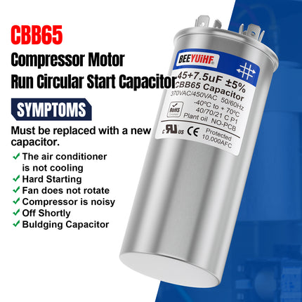 BEEYUIHF 45+7.5uF ±5% 45/7.5 MFD 370/440/450V AC 50/60Hz CBB65 Capacitor Dual Run Start Round Capacitor for AC Motor/ AC Unit Fan Motor Start / Pool Pump / Heat Pump Air Conditioner