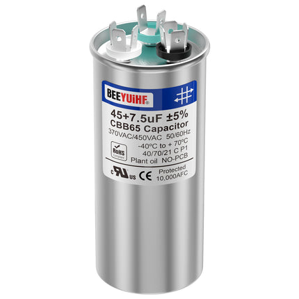 BEEYUIHF 45+7.5uF ±5% 45/7.5 MFD 370/440/450V AC 50/60Hz CBB65 Capacitor Dual Run Start Round Capacitor for AC Motor/ AC Unit Fan Motor Start / Pool Pump / Heat Pump Air Conditioner