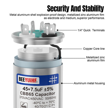 BEEYUIHF 45+7.5uF ±5% 45/7.5 MFD 370/440/450V AC 50/60Hz CBB65 Capacitor Dual Run Start Round Capacitor for AC Motor/ AC Unit Fan Motor Start / Pool Pump / Heat Pump Air Conditioner