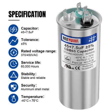 BEEYUIHF 45+7.5uF ±5% 45/7.5 MFD 370/440/450V AC 50/60Hz CBB65 Capacitor Dual Run Start Round Capacitor for AC Motor/ AC Unit Fan Motor Start / Pool Pump / Heat Pump Air Conditioner
