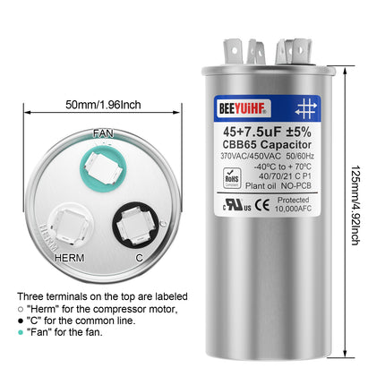 BEEYUIHF 45+7.5uF ±5% 45/7.5 MFD 370/440/450V AC 50/60Hz CBB65 Capacitor Dual Run Start Round Capacitor for AC Motor/ AC Unit Fan Motor Start / Pool Pump / Heat Pump Air Conditioner