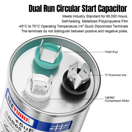 BEEYUIHF 45+7.5uF ±5% 45/7.5 MFD 370/440/450V AC 50/60Hz CBB65 Capacitor Dual Run Start Round Capacitor for AC Motor/ AC Unit Fan Motor Start / Pool Pump / Heat Pump Air Conditioner