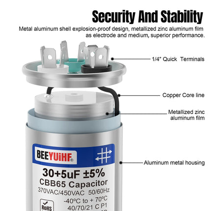 BEEYUIHF 25+5uF ±5% 25/5 MFD 370/440/450V AC 50/60Hz CBB65 Capacitor Dual Run Start Round Capacitor for AC Motor/ AC Unit Fan Motor Start / Pool Pump / Heat Pump Air Conditioner