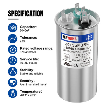 BEEYUIHF 25+5uF ±5% 25/5 MFD 370/440/450V AC 50/60Hz CBB65 Capacitor Dual Run Start Round Capacitor for AC Motor/ AC Unit Fan Motor Start / Pool Pump / Heat Pump Air Conditioner