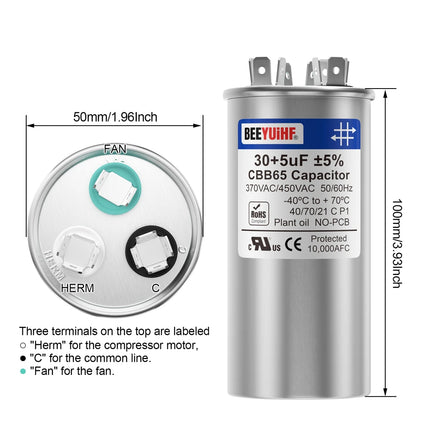 BEEYUIHF 25+5uF ±5% 25/5 MFD 370/440/450V AC 50/60Hz CBB65 Capacitor Dual Run Start Round Capacitor for AC Motor/ AC Unit Fan Motor Start / Pool Pump / Heat Pump Air Conditioner