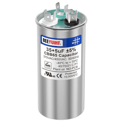 BEEYUIHF 25+5uF ±5% 25/5 MFD 370/440/450V AC 50/60Hz CBB65 Capacitor Dual Run Start Round Capacitor for AC Motor/ AC Unit Fan Motor Start / Pool Pump / Heat Pump Air Conditioner