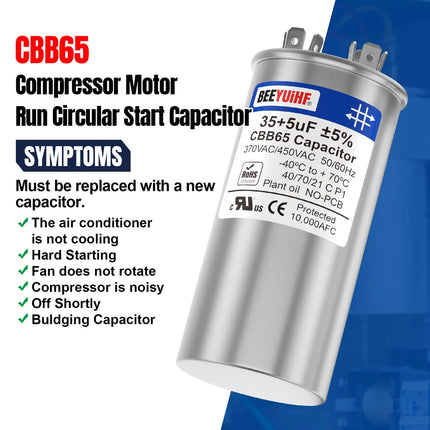 BEEYUIHF 25+5uF ±5% 25/5 MFD 370/440/450V AC 50/60Hz CBB65 Capacitor Dual Run Start Round Capacitor for AC Motor/ AC Unit Fan Motor Start / Pool Pump / Heat Pump Air Conditioner