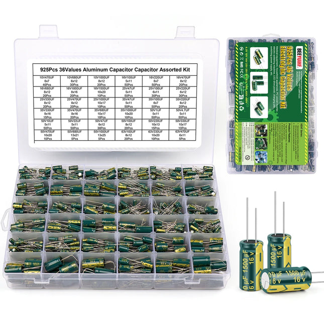 BEEYUIHF 925Pcs 36Values Aluminum Electrolytic Capacitor Assortment Kit Lowesr Capacitors Assorted Kits 1uF 4.7uF 10uF 22uF 47uF 100uF 220uF 330uF 470uF 680uF 1000uF