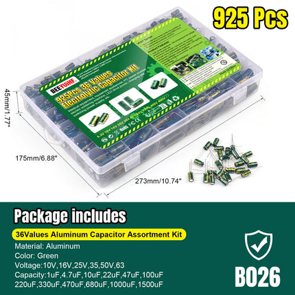 BEEYUIHF 925Pcs 36Values Aluminum Electrolytic Capacitor Assortment Kit Lowesr Capacitors Assorted Kits 1uF 4.7uF 10uF 22uF 47uF 100uF 220uF 330uF 470uF 680uF 1000uF