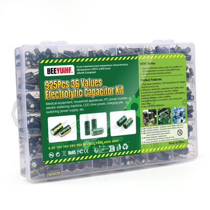 BEEYUIHF 925Pcs 36Values Aluminum Electrolytic Capacitor Assortment Kit Lowesr Capacitors Assorted Kits 1uF 4.7uF 10uF 22uF 47uF 100uF 220uF 330uF 470uF 680uF 1000uF