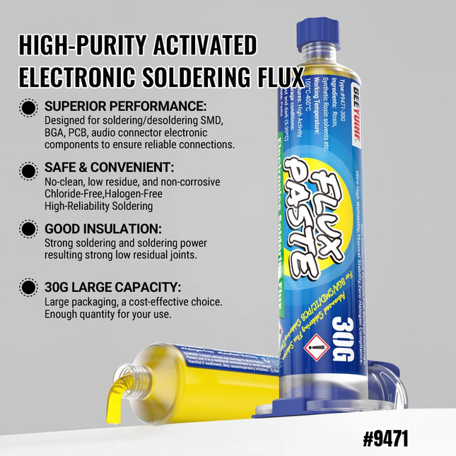 BEEYUIHF 9471 Soldering Flux For electronics Circuit Board Rework/Repair, No Clean Solder Paste Flux, Good Adhesion for Soldering Electrical Components (30g Syringe)