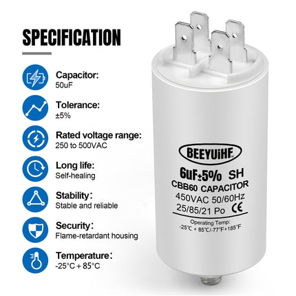 BEEYUIHF CBB60 Condensateur de Démarrage Moteur condensateur 50 / 60Hz 450VAC avec vis M8 pour moteur électrique / sèche-linge / Machine à Laver