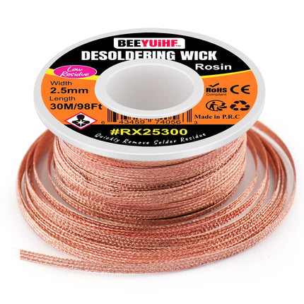 BEEYUIHF Desoldering Wick Braid 30M - 98ft Length 2.5mm Width Solder wick Braid with Flux, Cable Remover Tool Solder Sucker W 0.10'' L 98'