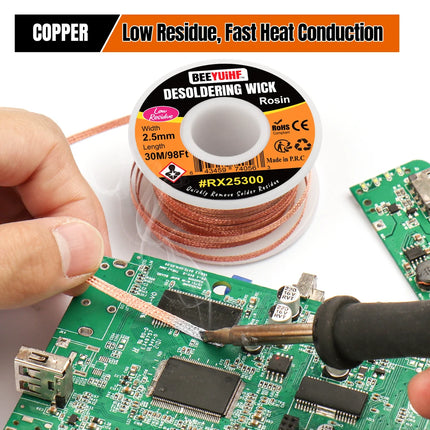 BEEYUIHF Desoldering Wick Braid 30M - 98ft Length 2.5mm Width Solder wick Braid with Flux, Cable Remover Tool Solder Sucker W 0.10'' L 98'