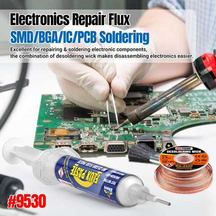 BEEYUIHF Electrical Soldering Flux Paste (10cc Syringe) with Desoldering wick Braid (3M/10ft 2.5mm) for Electronics Soldering Repairs Remover Kit