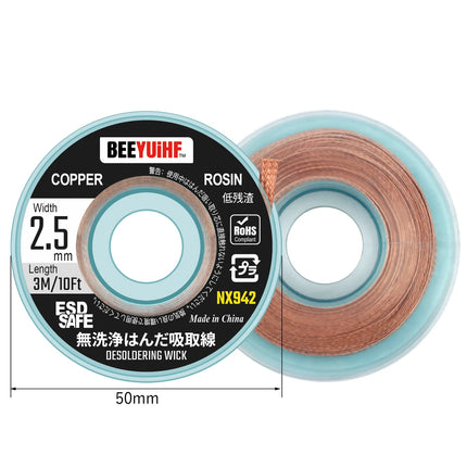 BEEYUIHF No Clean Desoldering wick Braid, No residue Solder wick Braid with Flux,  Solder Remover wire Kit, Cable Remover Tool Solder Sucker,w 0.10'' L 9.8' (Pack of 1Pcs) #NX942