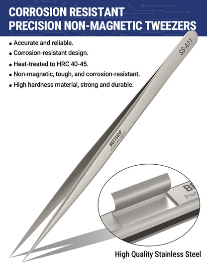 BEEYUIHF Precision Tweezers, Non-Magnetic Tweezers, 302 Stainless Steel Fine Tip Straight Long Tweezers for Gundam, Craft, Electronics, Jewelry-Making, 3D Resin Parts, Industrial Tweezers, Hardness HRC 40~45°