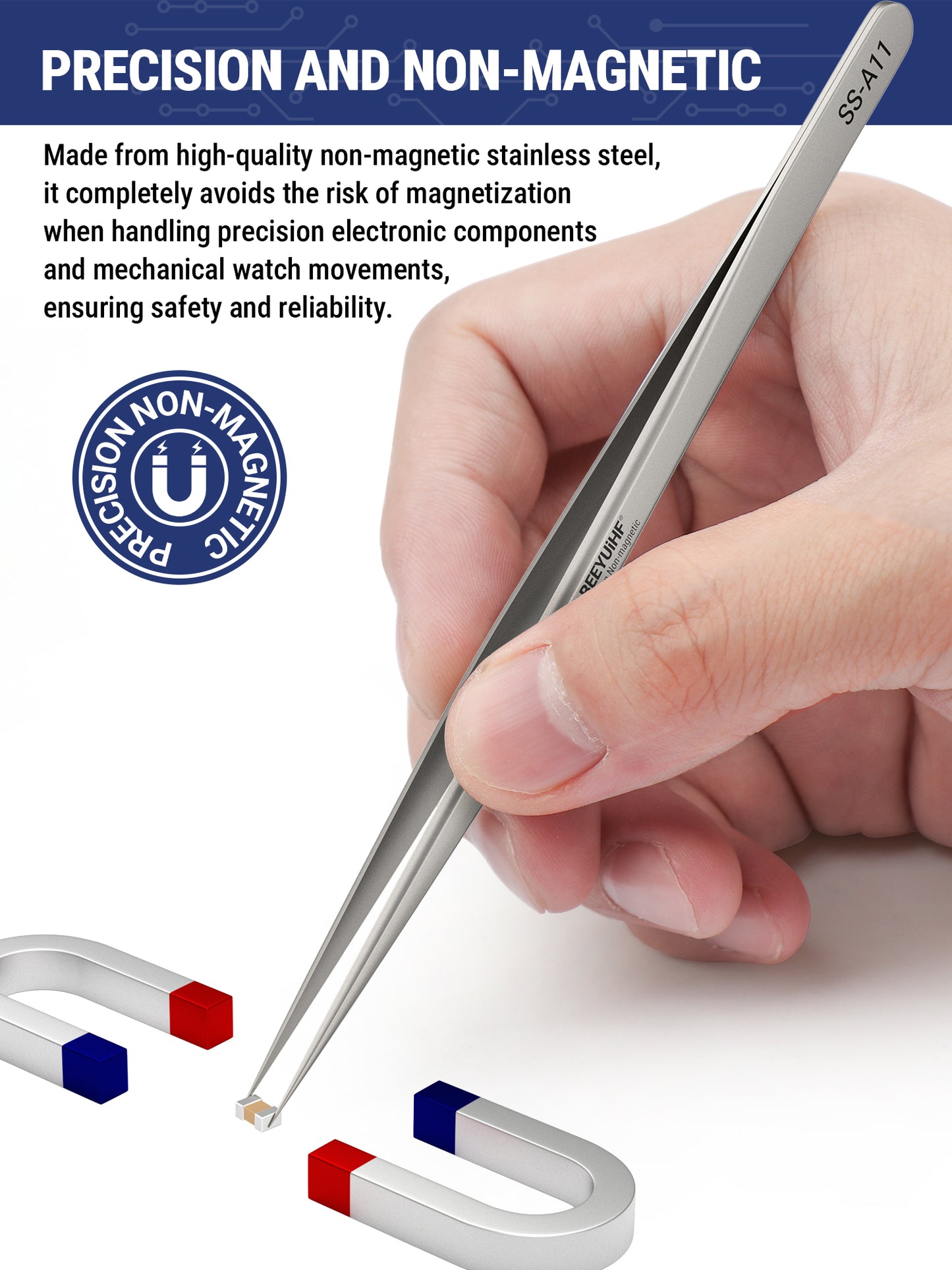 BEEYUIHF Precision Tweezers, Non-Magnetic Tweezers, 302 Stainless Steel Fine Tip Straight Long Tweezers for Gundam, Craft, Electronics, Jewelry-Making, 3D Resin Parts, Industrial Tweezers, Hardness HRC 40~45°