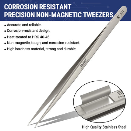 BEEYUIHF Precision Tweezers, Non-Magnetic Tweezers, 302 Stainless Steel Fine Tip Straight Long Tweezers for Gundam, Craft, Electronics, Jewelry-Making, 3D Resin Parts, Industrial Tweezers, Hardness HRC 40~45°