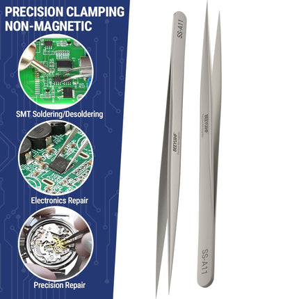 BEEYUIHF Precision Tweezers, Non-Magnetic Tweezers, 302 Stainless Steel Fine Tip Straight Long Tweezers for Gundam, Craft, Electronics, Jewelry-Making, 3D Resin Parts, Industrial Tweezers, Hardness HRC 40~45°
