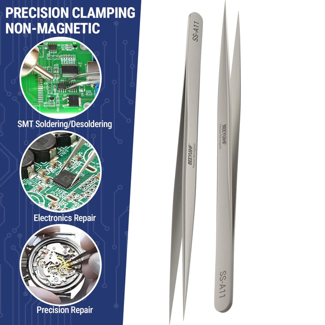 BEEYUIHF Precision Tweezers, Non-Magnetic Tweezers, 302 Stainless Steel Fine Tip Straight Long Tweezers for Gundam, Craft, Electronics, Jewelry-Making, 3D Resin Parts, Industrial Tweezers, Hardness HRC 40~45°