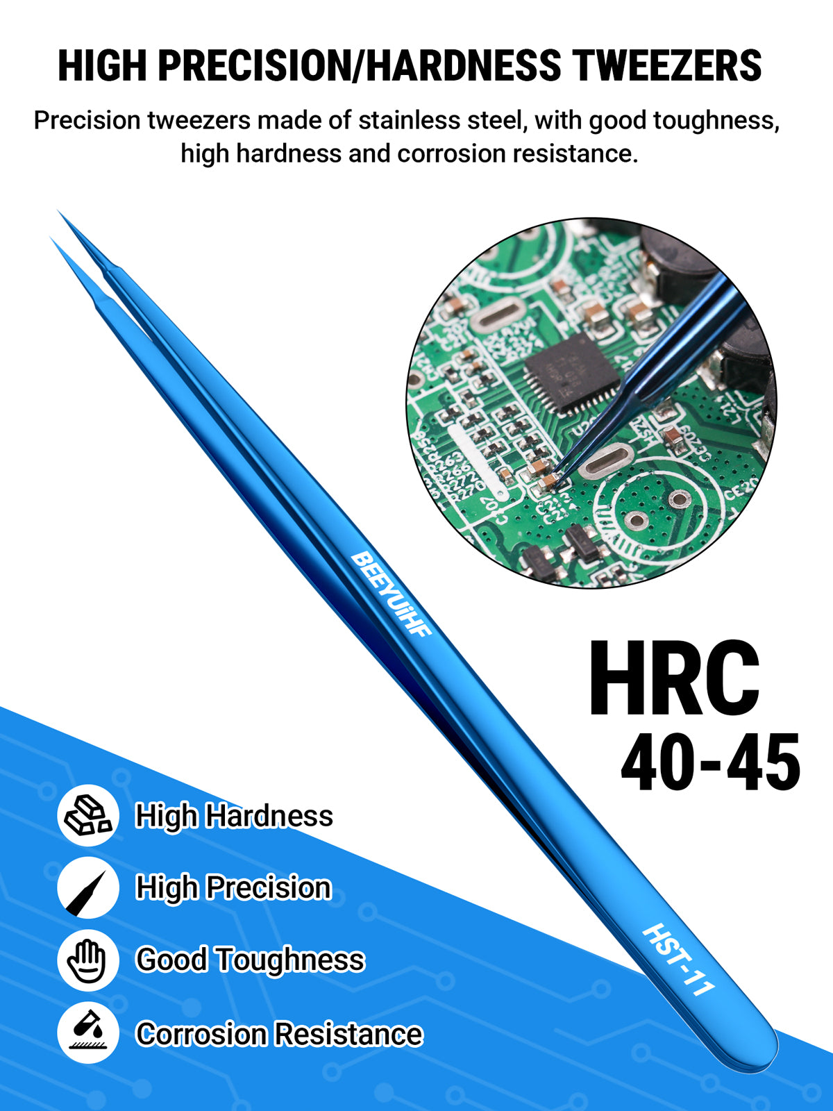 BEEYUIHF Precision Tweezers, Stainless Steel Fine-Pointed Tweezers for Electronics, Crafts, Soldering, PCB Rework, Repair, Laboratory Work, and Jewelry-Making Tweezers #HST-11