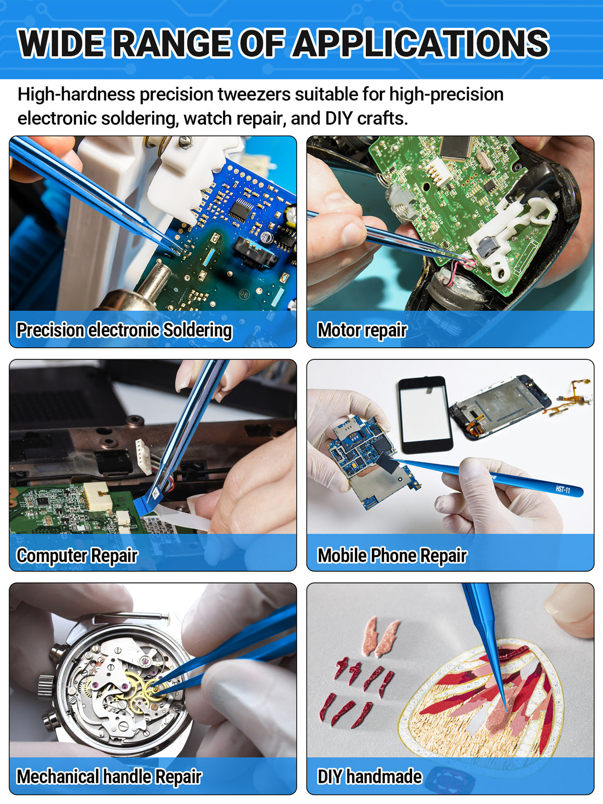 BEEYUIHF Precision Tweezers, Stainless Steel Fine-Pointed Tweezers for Electronics, Crafts, Soldering, PCB Rework, Repair, Laboratory Work, and Jewelry-Making Tweezers #HST-11