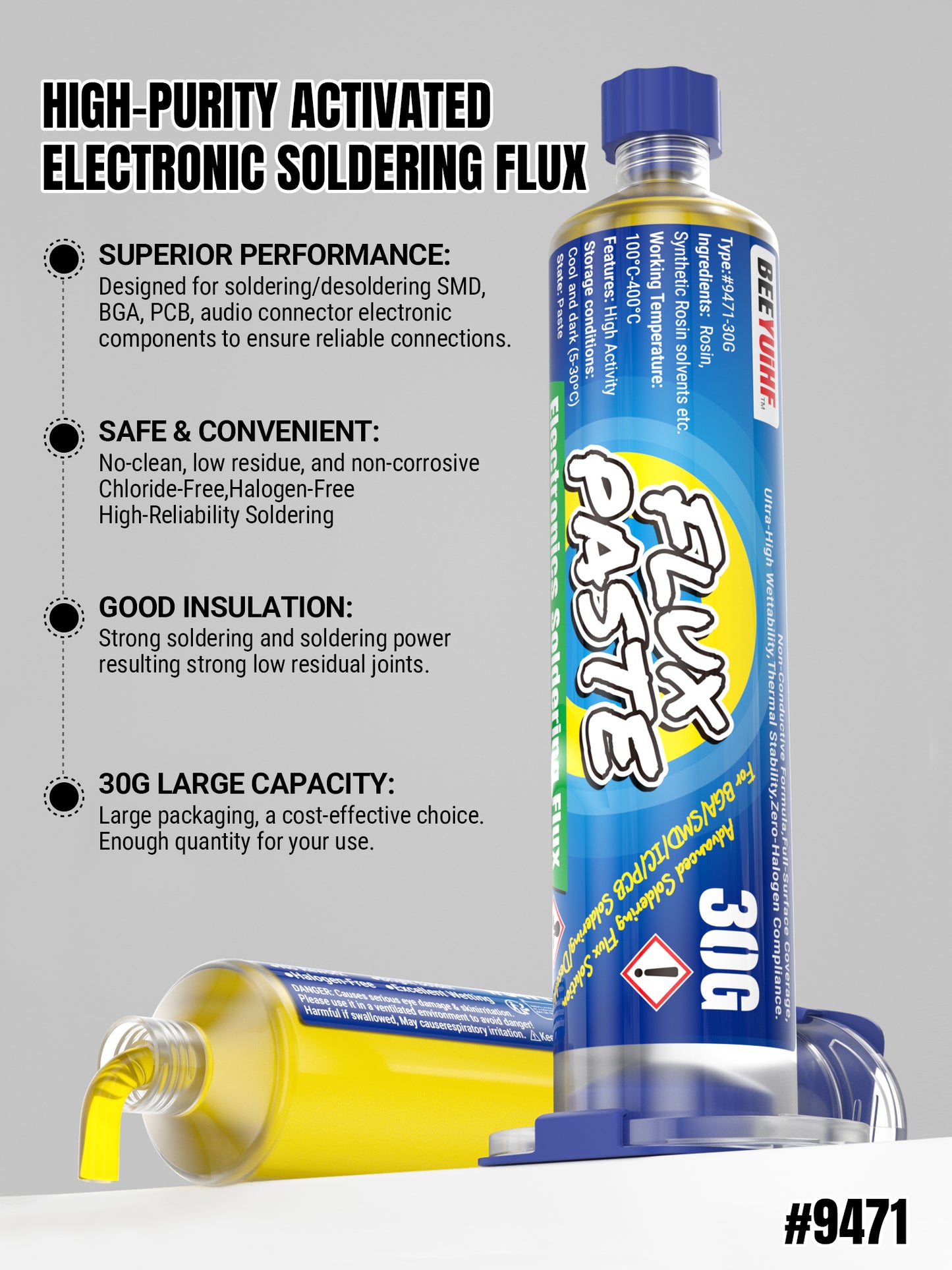 BEEYUIHF 9471 Soldering Flux For electronics Circuit Board Rework/Repair, No Clean Solder Paste Flux, Good Adhesion for Soldering Electrical Components (30g Syringe)