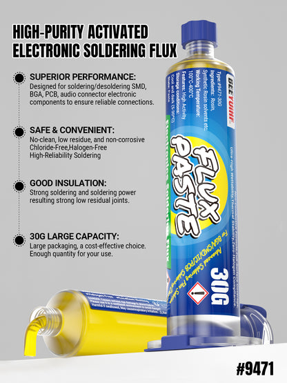 BEEYUIHF 9471 Soldering Flux For electronics Circuit Board Rework/Repair, No Clean Solder Paste Flux, Good Adhesion for Soldering Electrical Components (30g Syringe)