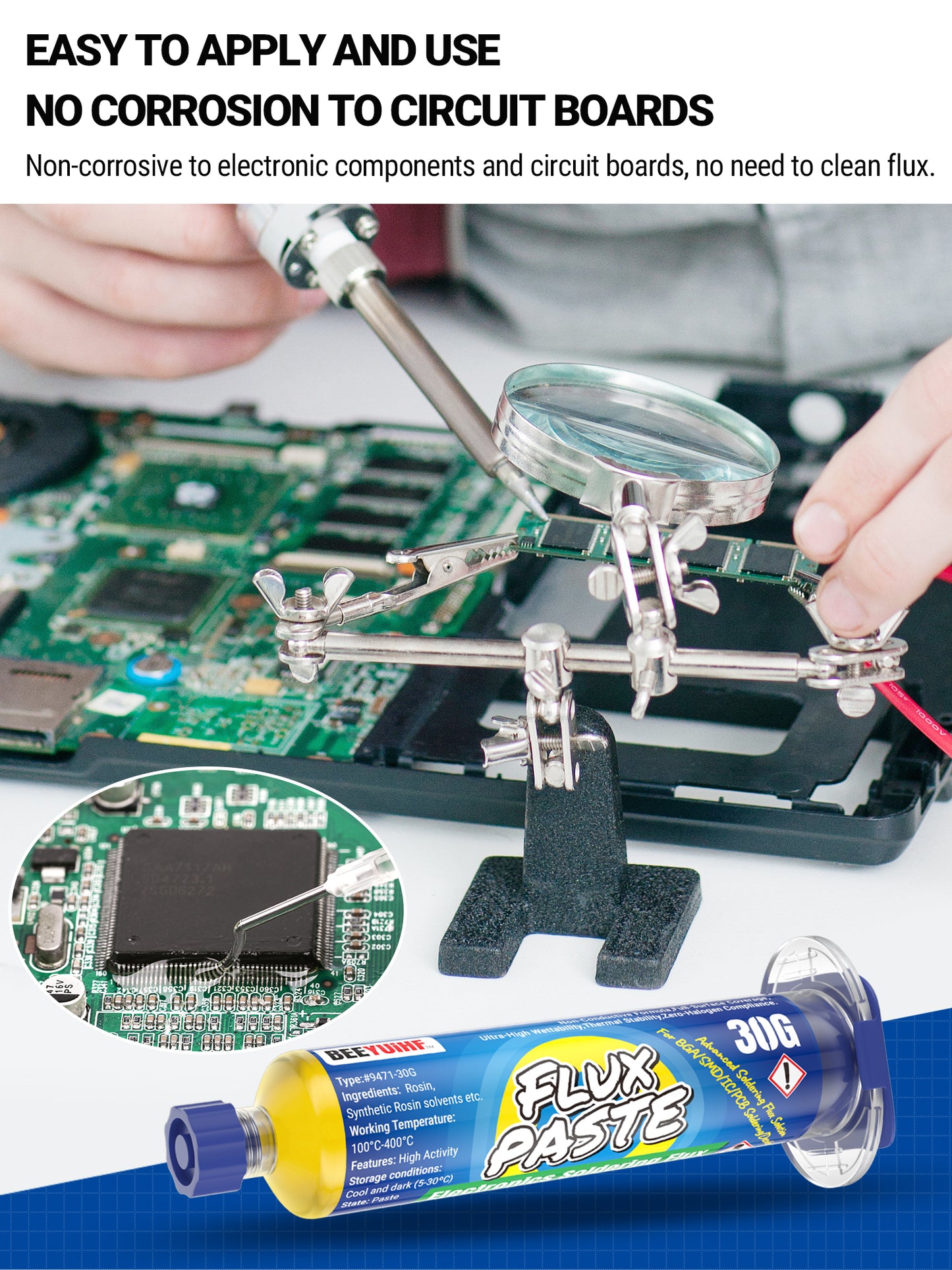 BEEYUIHF 9471 Soldering Flux For electronics Circuit Board Rework/Repair, No Clean Solder Paste Flux, Good Adhesion for Soldering Electrical Components (30g Syringe)