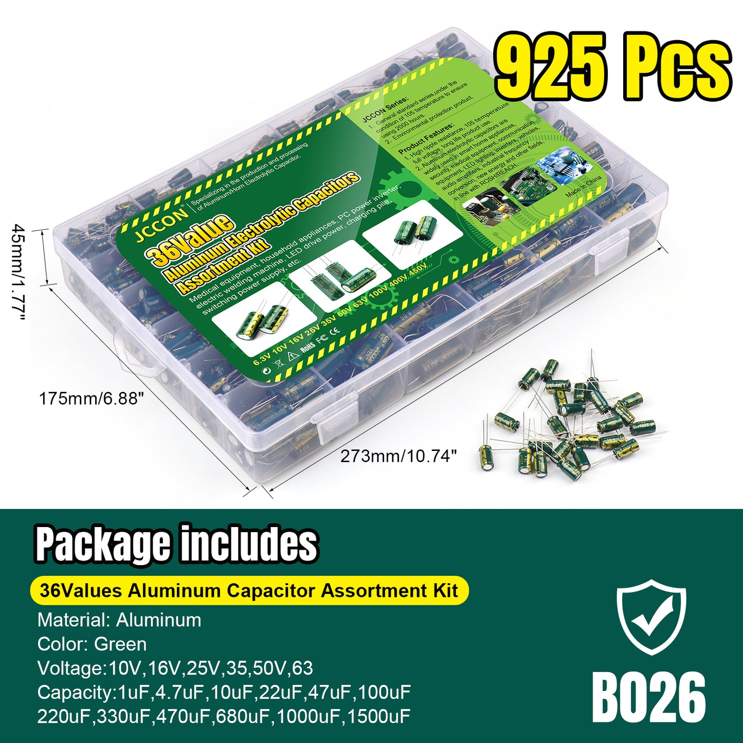 BEEYUIHF 925Pcs 36Values Aluminum Electrolytic Capacitor Assortment Kit Lowesr Capacitors Assorted Kits 1uF 4.7uF 10uF 22uF 47uF 100uF 220uF 330uF 470uF 680uF 1000uF