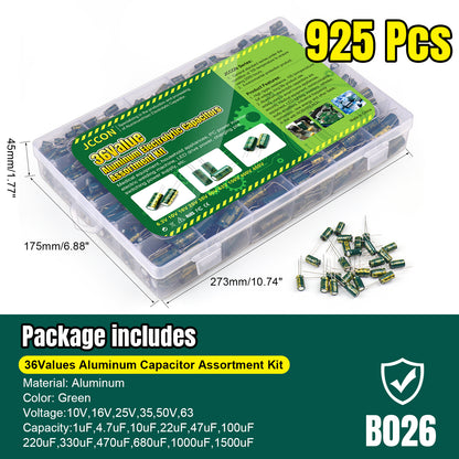 BEEYUIHF 925Pcs 36Values Aluminum Electrolytic Capacitor Assortment Kit Lowesr Capacitors Assorted Kits 1uF 4.7uF 10uF 22uF 47uF 100uF 220uF 330uF 470uF 680uF 1000uF