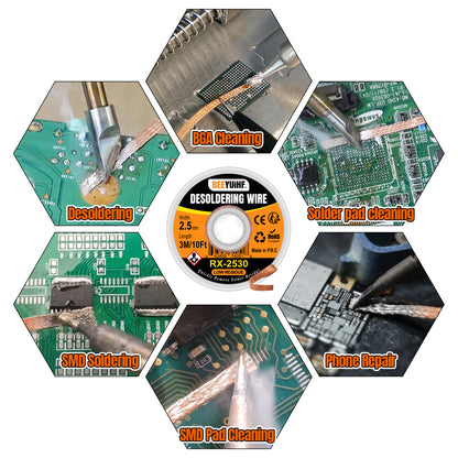 BEEYUIHF 3M/10ft 2.5mm Desoldering wick Braid, Solder wick Braid with Flux, No-clean Solder Remover wire Kit,Cable Remover Tool Solder Sucker,w 0.10'' L 9.8'