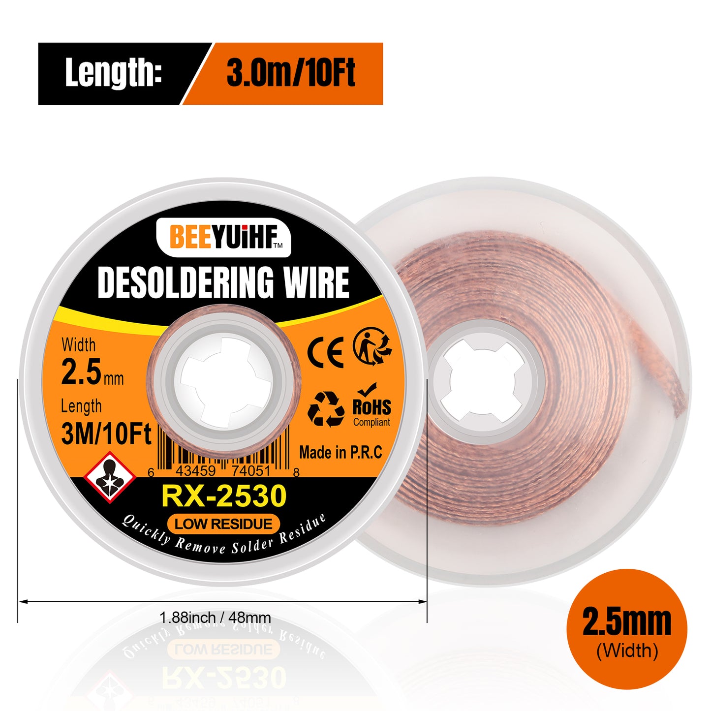 BEEYUIHF 3M/10ft 2.5mm Desoldering wick Braid, Solder wick Braid with Flux, No-clean Solder Remover wire Kit,Cable Remover Tool Solder Sucker,w 0.10'' L 9.8'