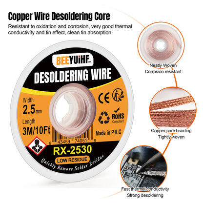 BEEYUIHF 3M/10ft 2.5mm Desoldering wick Braid, Solder wick Braid with Flux, No-clean Solder Remover wire Kit,Cable Remover Tool Solder Sucker,w 0.10'' L 9.8'
